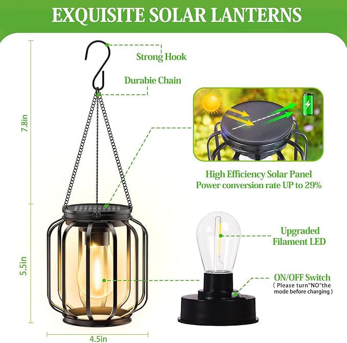 Solar Hanging Lanterns Outdoor: 2 Pack Metal Solar Hanging Lights with Hook Bright - Warm Waterproof LED Lanterns for Outside Classic Decorative Solar-Powered Light for Yard Garden Patio Porch Decor