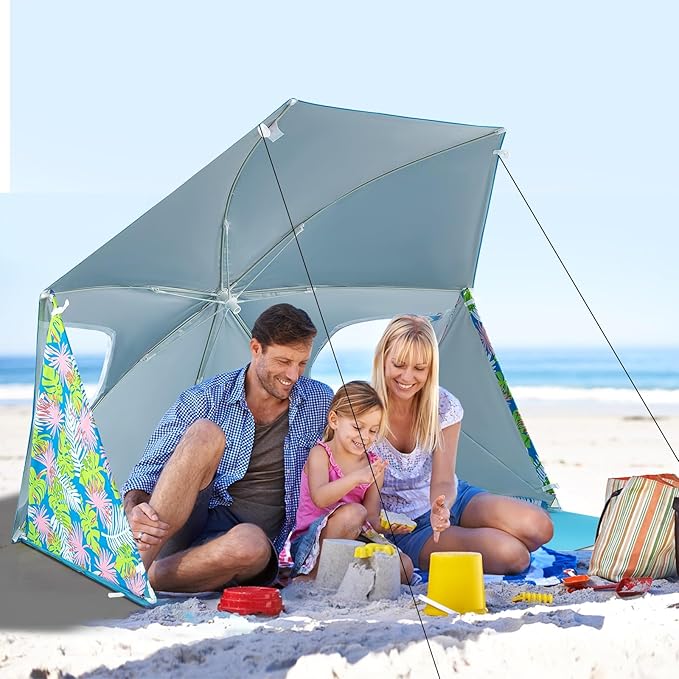 2-in-1 Beach Tent for 2-4 People UPF 50+ with Beach Umbrella with Roll-Up Windows Dual Side Flaps Groundsheet &amp Carry Bag Beach Shade for Camping Picnic &amp Sports Events