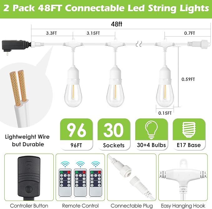 96FT(2 * 48FT) Outdoor String Lights with Remote Dimmable Patio Lights with 30+4 3 Modes 4 Timers LED Bulbs for Deck Gazebo White 2 Pack