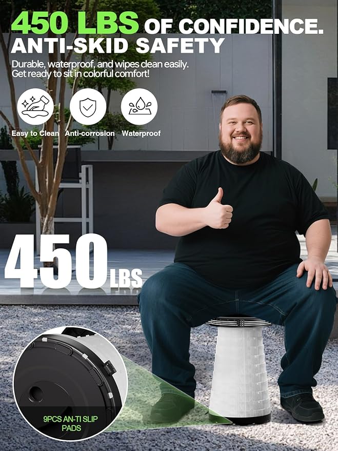 Collapsible Camping Stool with Lights (5 Colors 3 Modes) Holds up to 400 lbs &amp Adjustable Height (10 Levels) Portable Folding Chair Stool Seat for Fishing Parties Hiking Travel Outdoor Even