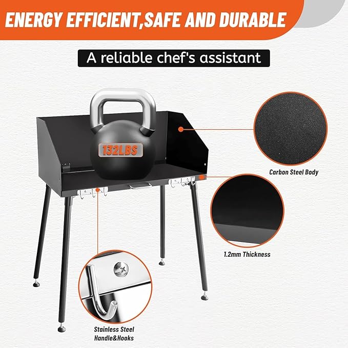 30-Inch Camping Cooking Table Carbon Steel w/Foldable Windscreen &amp Legs for Dutch Oven Cooking &amp Food Prep with Charcoal Briquettes (30-Inch)