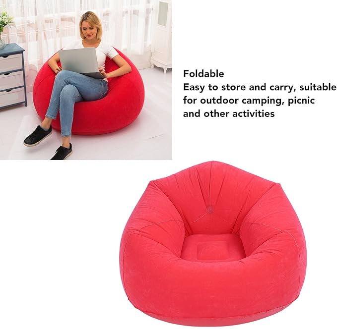Inflatable Lounge Chair Premium PVC Material with Soft Flocking 80kg Capacity Compact Foldable for Living Room Bedroom Office Camping Travel (Red)