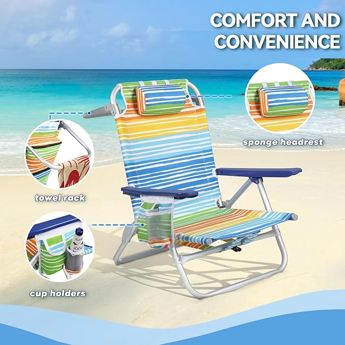 OFIKA Backpack Beach Chairs for Adults Folding Beach Chairs with 5 Adjustable PositionsCamping Chairs with HeadrestTowel Rack and Cup HolderSupports up to 300lbs (Colorful 4 Pack)
