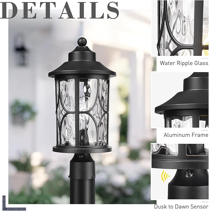 zeyu Pillar Light Outdoor 16.9 Inch Dusk to Dawn Outdoor Light Fixture Post with Photocell Sensor Exterior Post Lamp with Water Ripple Glass ZX48MP PC WG BK