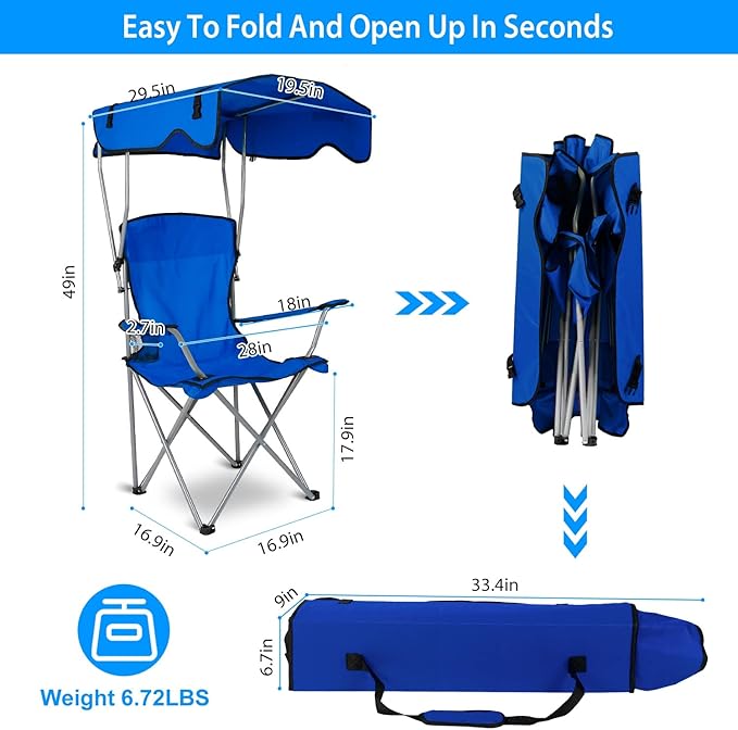Moclever Folding Canopy Camp Chair – Heavy Duty Beach Chair with Sun Protection Cup Holder &amp Padded Armrests for Outdoor Camping Lawn Park Patio (Blue)