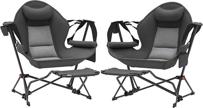 Outsunny Double Hammock Camping Chair Adjustable Back Folding Rocking Chair Swinging Hammock Chair with Cup Holder Headrest Removable Footrest Padded Seat for Travel Sports Concerts Dark Gray