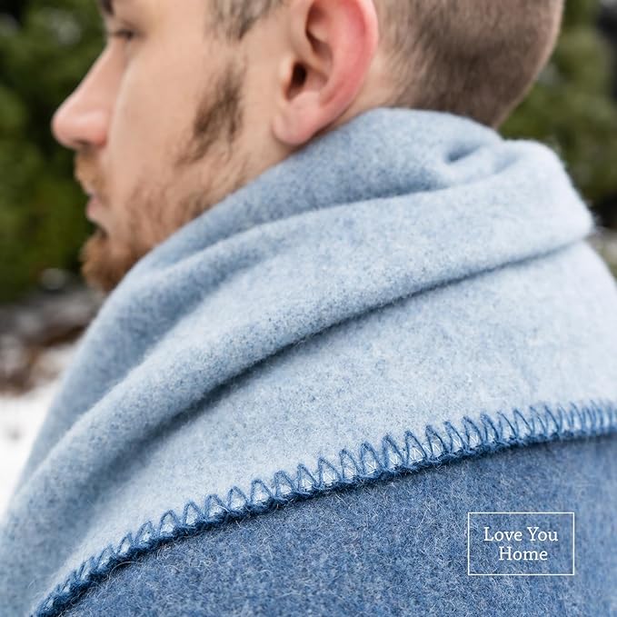 LYHome Merino Wool Blanket - Outdoor Camping and Hiking Throw Extra Warm Army Military &amp Hunting Blankets for Cold Weather Warmest Plaid Sheep Wool (51 x 67 in | Blue - Light Blue Double-Sided)