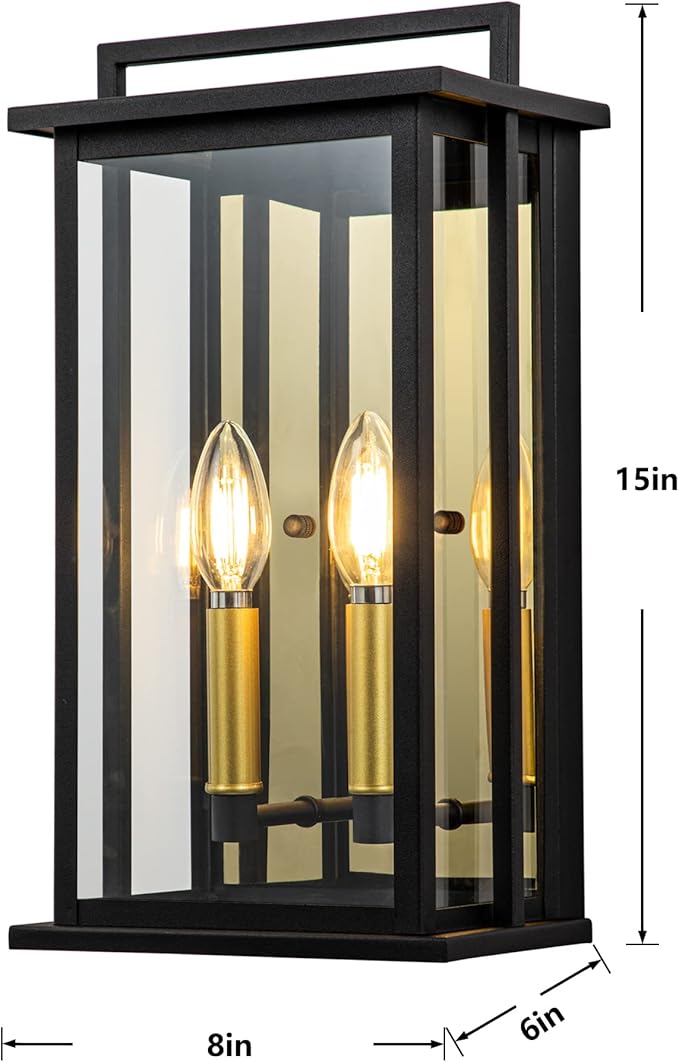 Outdoor Wall Lights with Clear Glass Black Exterior Porch Lights Wall Mount Outdoor Wall Sconce with Gold Candelabra Interior Wall Lantern Patio Light Fixture for House Entryway Garage