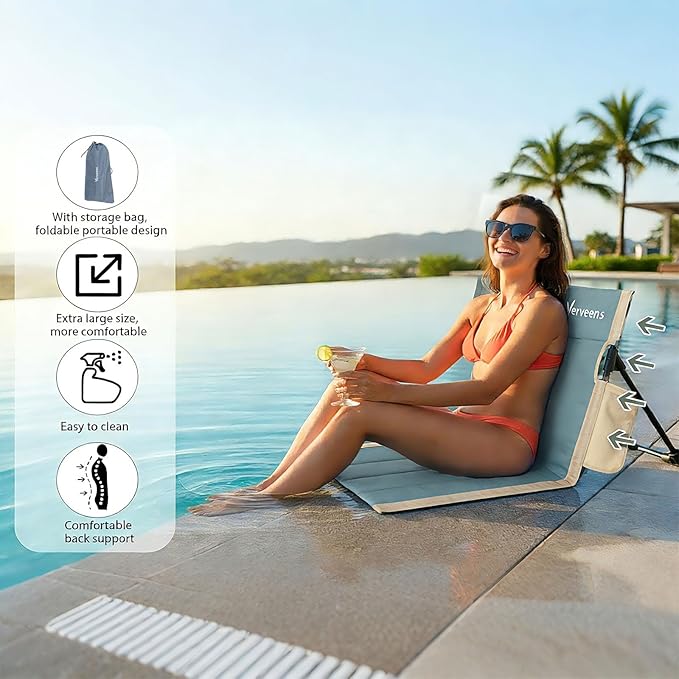 Extra Large Foldable Camping Chair with Cup HolderUltra-Light Portable Beach Chair with Carry Bag for Sunbathing Swimming Poolside Picnic Lawn Road Hiking Trips (Light Blue)