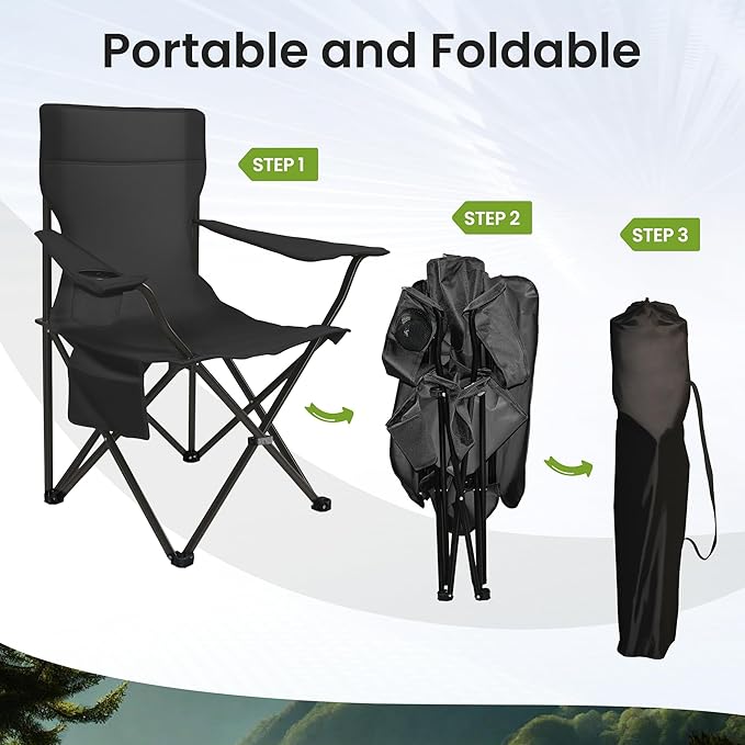 Portable Camping Chair 2 Pack Folding Outdoor Chair with Cup Holder &amp Side Pocket for Camping Hiking Picnic Beach (Black)