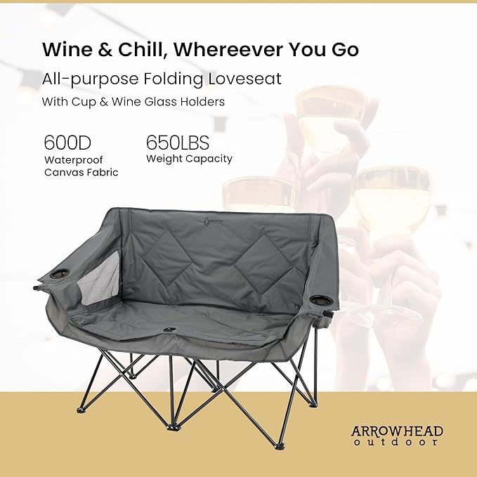 ARROWHEAD OUTDOOR 2-Pack Portable Folding Double Duo Camping Chair Loveseat w/ 2 Cup &amp Wine Glass Holder Carrying Bag Supports up to 500lbs