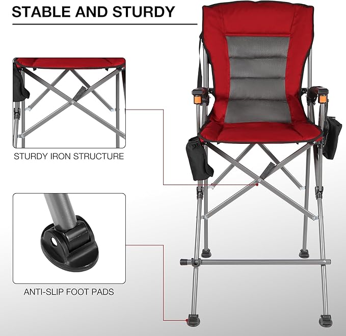 Extra Tall Folding Chairs for Adults 330lbs Portable Bar Height Foldable Director Chairs for Camping Outside Comfortable with Makeup Pocket High Back and FootrestRed