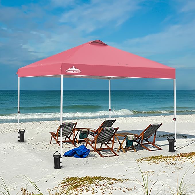 EAGLE PEAK Pop Up Canopy Tent with Wheeled Carry Bag 8 Stakes 4 Ropes 4 Weight Bags Easy Set Up Tent Canopy 10x10 ft 100sqft of Shade Peach Pink