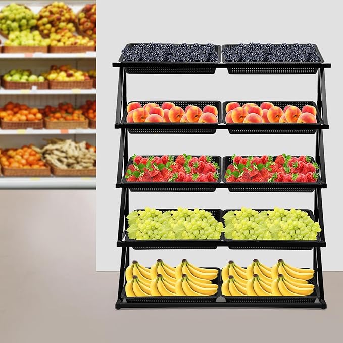 5 Tier Supermarket Fruit Vegetable Storage Rack Retail Display Rack Market Shelf with 10 Slanted Baskets &amp Adjustable Feet Floor Standing Metal Fruit Vegetable Snacks Display Shelf Organizer