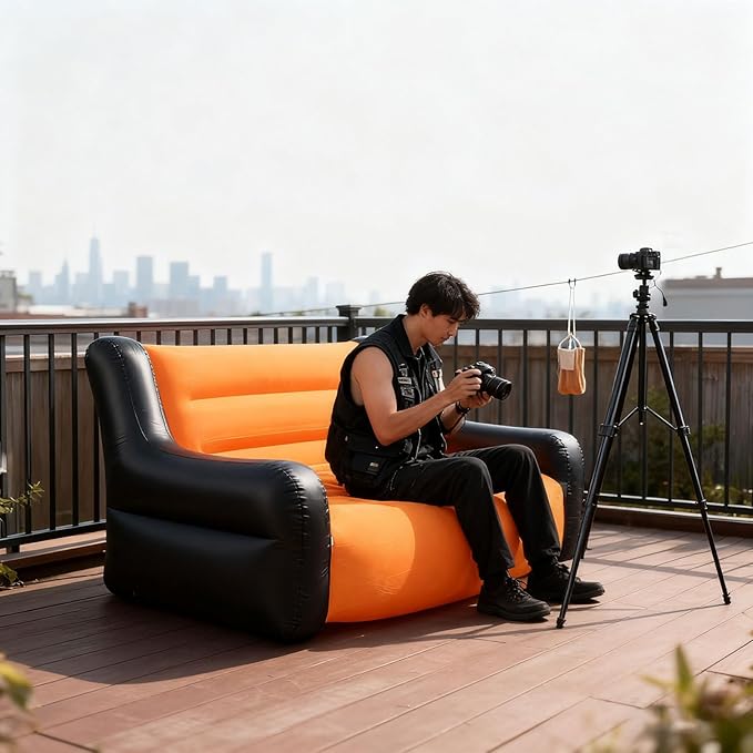 Inflatable Sofa Blow Up Couch 2 Seat Flocked PVC for Indoor Outdoor Use with Armrests Supports 150kg