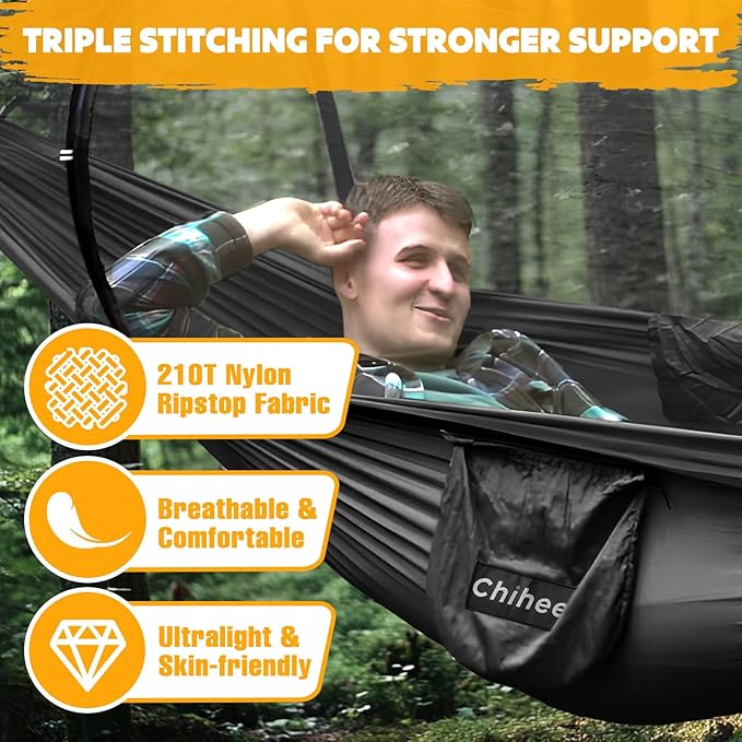 Chihee Ultra-Light Travel Camping Hammock Pop-up Net Hammock 660lbs Load CapacityBreathableQuick-Drying Parachute Nylon 2 Premium Carabiners2 Tree Slings Included for Outdoor Backpacking Hiking