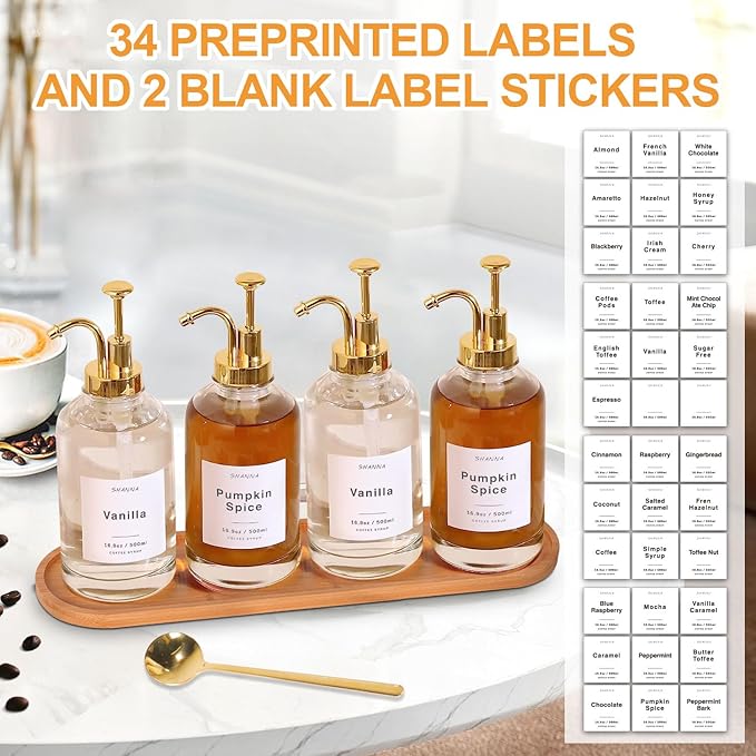 Coffee Syrup Dispenser for Coffee Bar 16.9oz 500ml Glass Syrup Dispenser w Golden Coffee Scoop Coffee Syrup Pump Dispenser w 36 Labels and Bamboo Tray Coffee Syrup Bottles with Golden Pump 4PCS