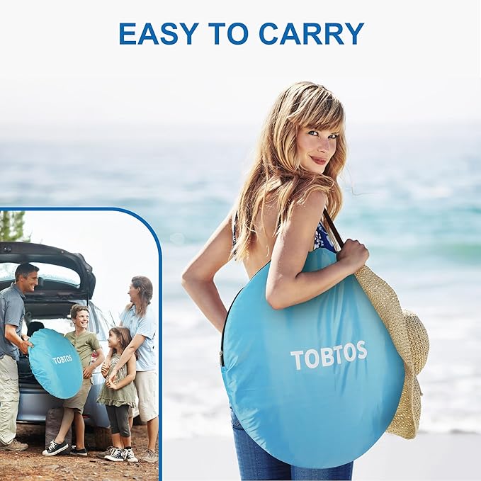 TOBTOS UPF 50+ Pop Up Beach Tent Easy Set Up Beach Umbrella Sun Shelter for 2-3 People UV Protection Portable Sunshade Baby Canopy Cabana Lightweight with Carry Bag