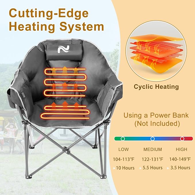 Slsy Heated Camping Chair Oversized Outdoor Portable Heated Folding Chair Heavy Duty 500 lbs Support Padded Seat for Outdoor Sports Camping Patio and Picnics