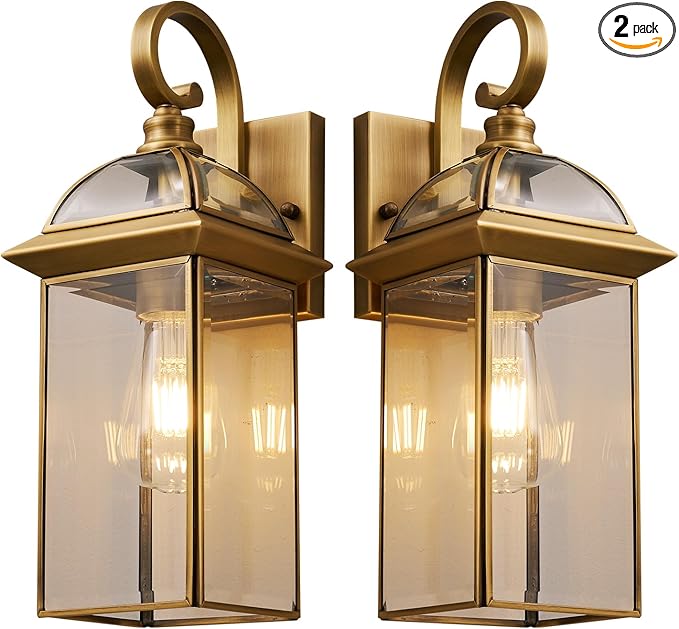 Brass Rustproof Outdoor Wall Sconces 2-Pack - All-Weather Waterproof Porch Lanterns with E26 Socket Front Door Exterior Lights for Yard Entryway