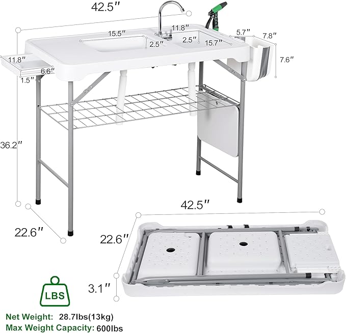 Allpop Fish Cleaning Table with 2 Sinks &amp Grid Rack 42.5'' Portable Folding Camping Fish Station with Foldable Faucet Drainage Hose Sprayer Storage Box Drawer &amp Grooves for Picnic White