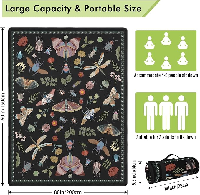 Insect Picnic Blankets Waterproof Foldable 60″X80″ Packable Picnic Mat Boho Outdoor Blanket for Grass Large Beach Blanket Sandproof Picnic Accessories for Camping Music Festival Park Lawn Travel