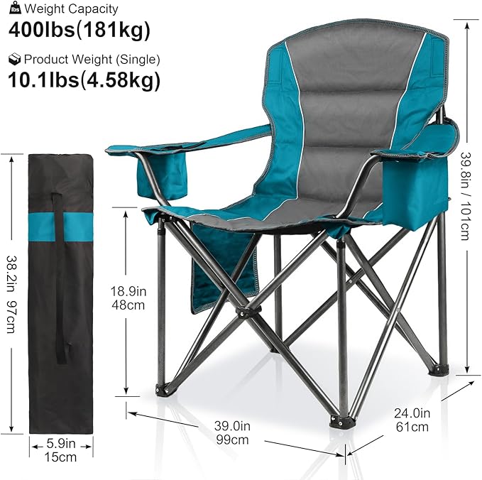 Oversized Padded Camping Chairs for AdultsHeavy Duty Support 400 LbsFolding Portable Lawn Chair w/Cup HolderCooler BagSide PocketPerfect for Outdoor PicnicHiking(Blue)