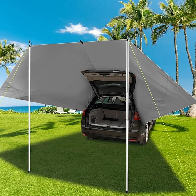 SANLIKE Car Awning Camping Tailgate Tent Car Tent Tarp with Adjustable Tent Poles Tailgate Awning Waterproof Portable Tarp Multifunctional Sun Shelter for SUV Jeep Truck Outdoor Canopy