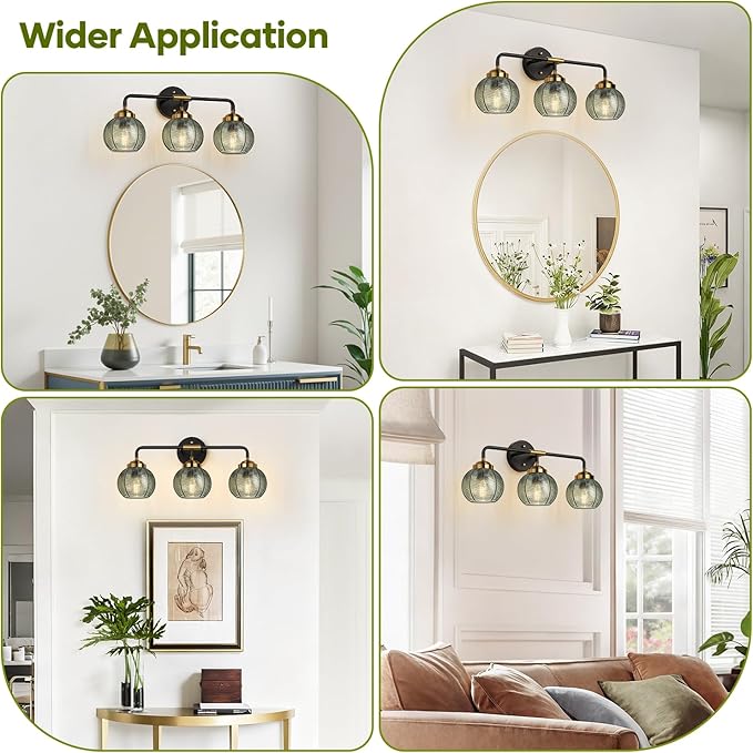 Bathroom Light Fixtures 3-Light Green Vanity Lights with Unique Leaf Texture Glass Shade Modern Matte Black and Gold Bathroom Wall Lamp for Mirror Hallway Cabinet Living Room