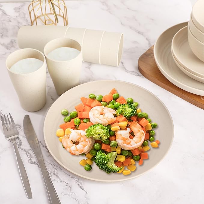 Cream Plastic Plates and Bowls Sets Dishwasher and Microwave Safe Wheat Straw Dinnerware Sets for 8Reusable Plastic Dishes Set Lightweight Unbreakable for Kitchen Camping Outdoor RV 32 Pcs