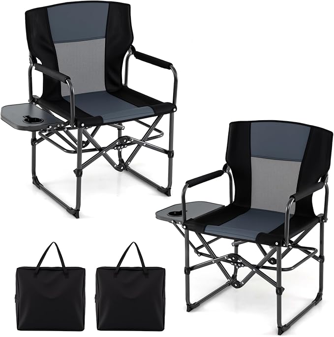 Goplus Folding Camping Chair 2 Pack Heavy-Duty Director Chair with Side Table &amp Cup Holder Portable Padded Chair with Carrying Bag for Picnic Beach Fishing Sports Supports up to 500 LBS
