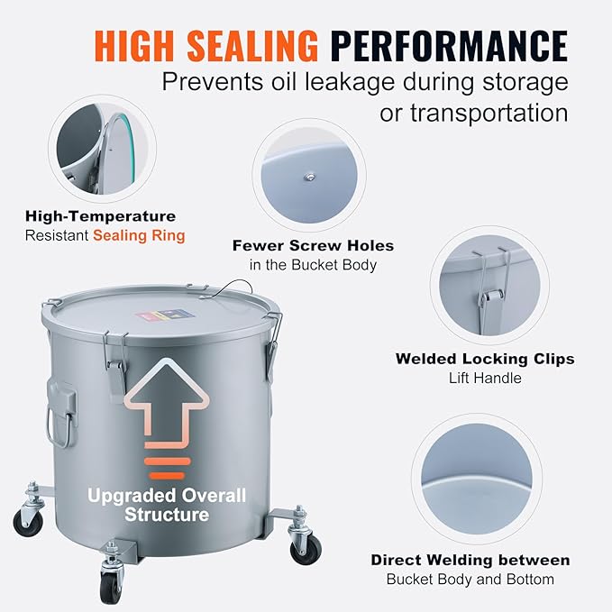 VEVOR 10 Gallon Fryer Grease Bucket Oil Disposal Bucket Caddy on Wheels Rust-proof Coated Carbon Steel Fryer Oil Transport Container with Filter Bag Lid &amp Lock Clips for Cooking Oil Filtering