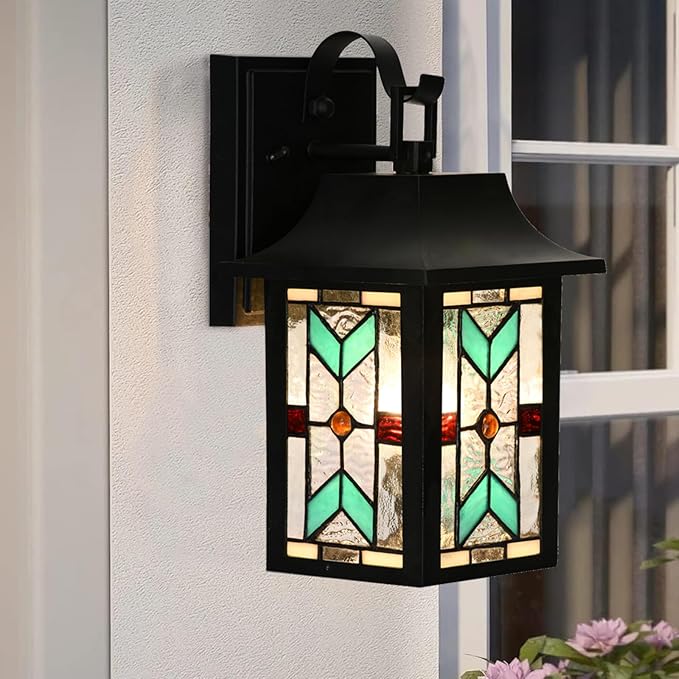 WL0009 Tiffany Style Outdoor Light Fixutres Stained Glass Wall Sconce Exterior Waterproof Wall Lantern Light for Balcony Aisle Hallway W 7X D 6 x H 12 Inches Bulb Included (Chrolume)