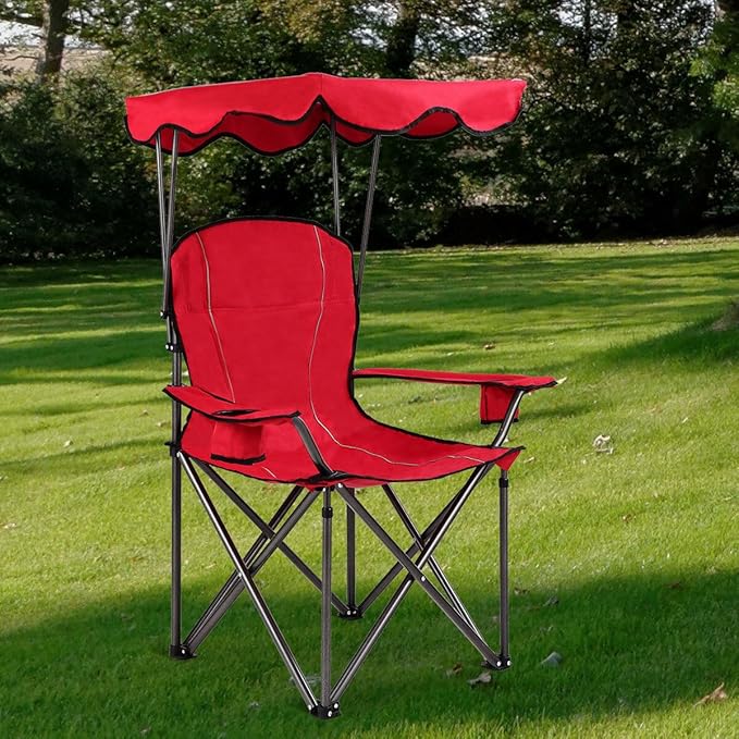 COSTWAY Portable Camping Chair with Canopy Outdoor Lawn Chair with Shade Carry Bag Cup Holder for Travel Picnic Beach (Red)
