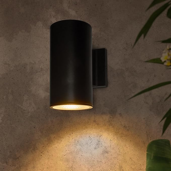 Maxxima Cylinder LED Outdoor Wall Light Modern Wall Wash 12 Watt 1050 Lumens 5 CCT 2700K/3000K/3500K/4000K/5000K Dusk to Dawn Photocell Sensor Exterior Garage Patio or Porch Lighting Black