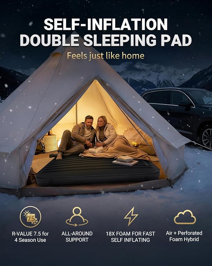 KingCamp Premium Double Self Inflating Sleeping Pad 7.5 R-Value Air &amp Foam Camping Mattress 2 Person 3 Thick Double Size Insulated Sleeping Pad with Pump Sack for Car Camp Tent PVC Free Black