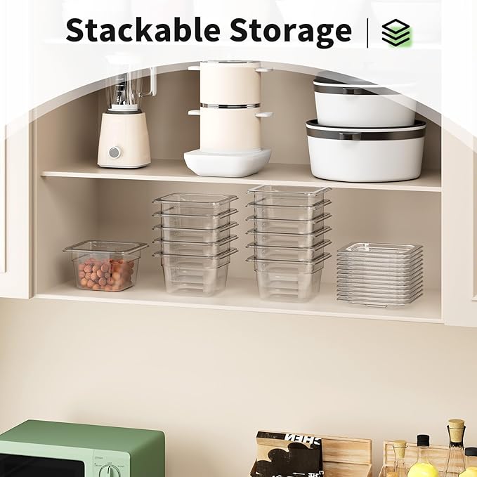 1/6 4'' 12 Pack Plastic Food Pans With Lids Clear Food Pan Commercial Stackable Polycarbonate Freezer-Safe for Fruits Vegetables Restaurant Kitchen