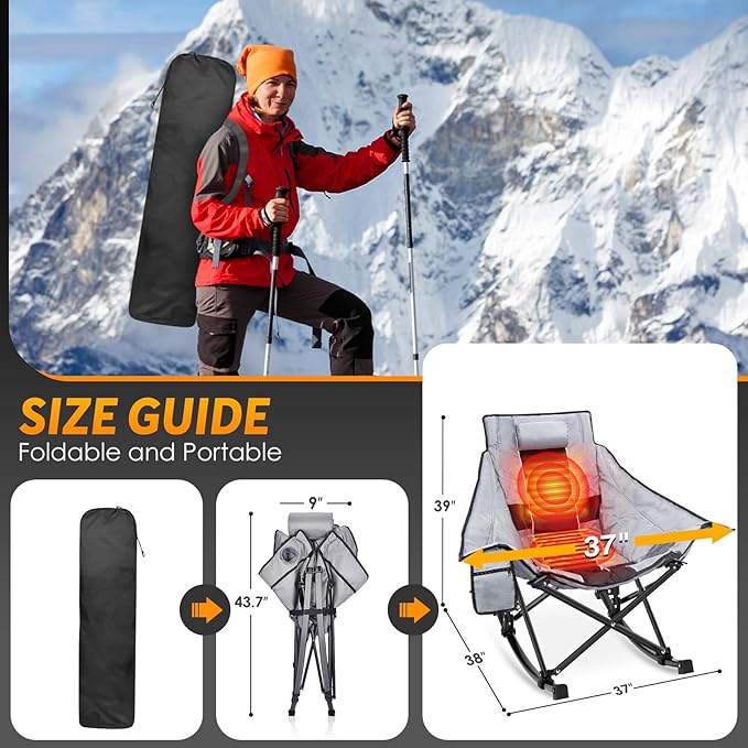 Suteck Heated Rocking Camping Chair - Oversized Heated Camping Chair W/20000mAh Power Bank &amp Carry Bag Fully Padded Heated Chairs for Outdoor Sports W/3 Heat Levels for Back &amp Seat Lawn Picn