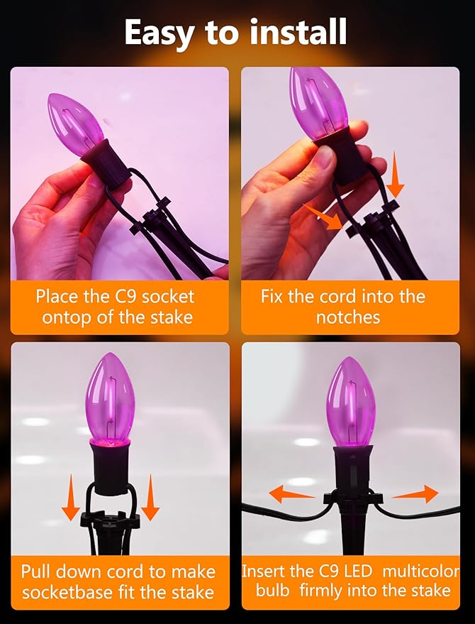 Halloween Stake Lights 10PK C9 LED Pathway Lights with Purple &amp Green Bulbs 19.5ft Outdoor Walkway Lights Waterproof Extendable Yard Driveway Porch &amp Garden Halloween Decorations