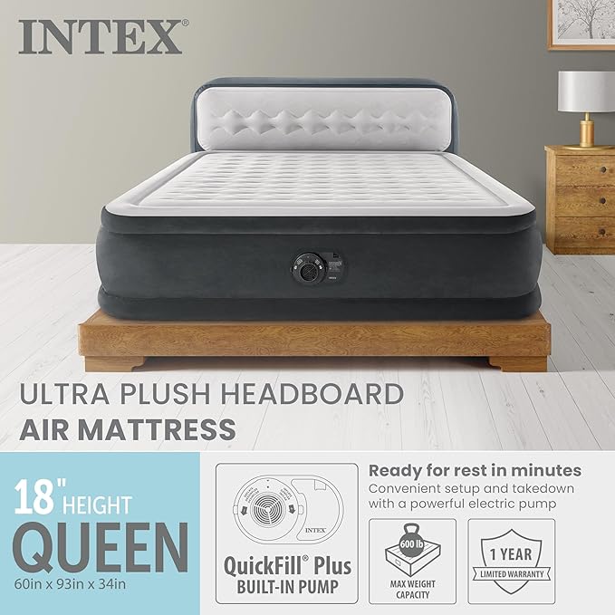 Intex 64447ED Dura-Beam Deluxe Ultra Plush Air Mattress with Headboard: Fiber-Tech – Queen Size – Built-in Electric Pump – 18in Bed Height – 600lb Weight Capacity