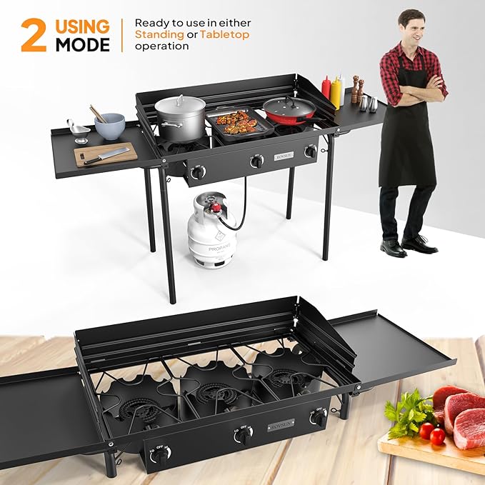 ROVSUN 3 Burner Gas Stove with 2 Side Shelves 225000BTU Portable Propane Stove with Removable Leg Wind Panel Regulator for Camping Home Backyard Outdoor Cooking Brewing Canning Turkey Frying