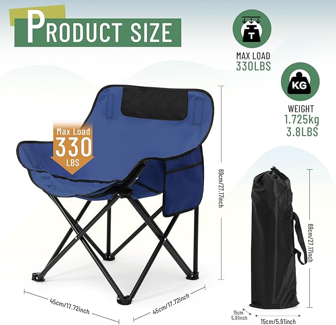 2 Pack Compact Camping Chairs Portable Folding for Outside with Carry Bag Lightweight Moon Chairs for Travel Picnic Hiking Beach Fishing 600D Oxford Supports 330lbs(Blue)