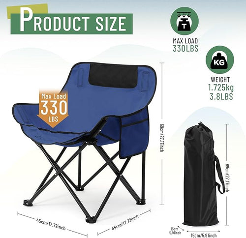 2 Pack Compact Camping Chairs Portable Folding for Outside with Carry Bag Lightweight Moon Chairs for Travel Picnic Hiking Beach Fishing 600D Oxford Supports 330lbs(Blue)