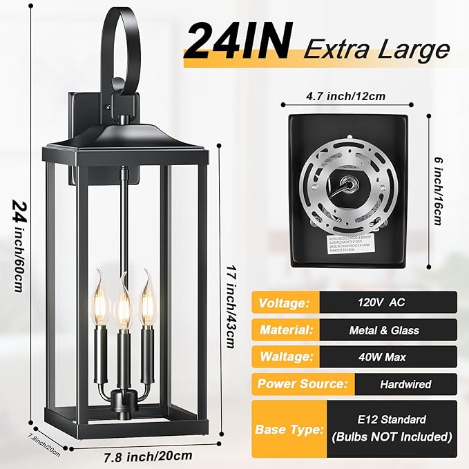 2 Packs 24 Extra Large Outside Wall Light Fixture 3-Light Black Outdoor Porch Lantern Wall Mounted Waterproof Modern Outside Wall Sconce Coach Lamp for House E12