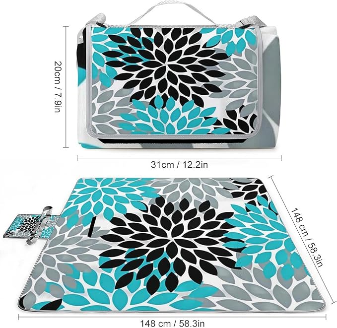 Dahlia Pinnata Flower Floral Blue White Waterproof Outdoor Picnic Blanket Sandproof Beach Mat for Camping Hiking Grass Travelling