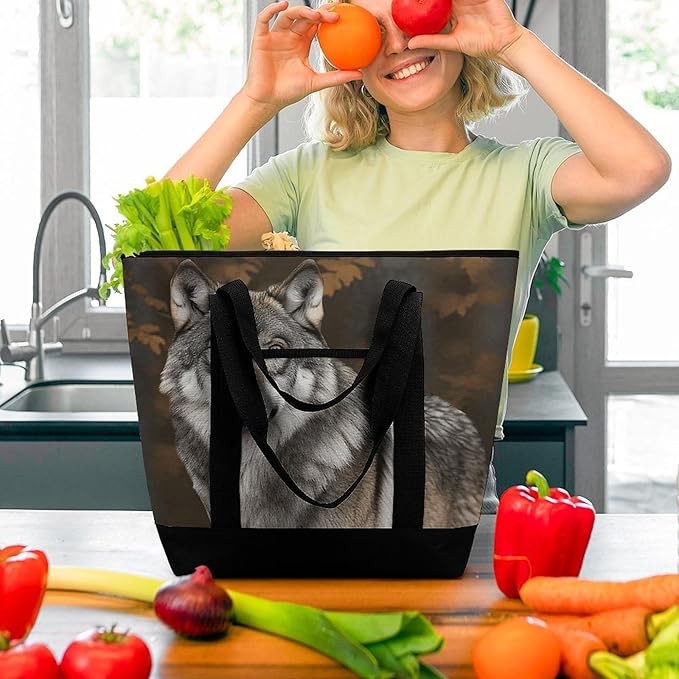 Insulated Shopping BagLarge Reusable Cooler Bags Wild Wild Gray Wolf Printed Foldable Shopping BagTravel Waterproof Shoulder Bag