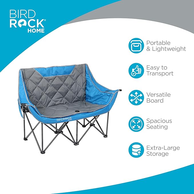 BIRDROCK HOME Double Camping Chair - Double Wine &amp Cup Holders - Blue &amp Grey Durable Padded Fabric Sturdy Frame 650 lb Cap. Storage Spacious Camping Sofa Loveseat for The Beach Sports O