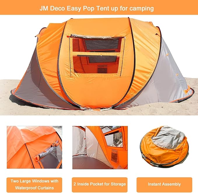 J.M.Deco 4 Person PopTent up with 2 Windows Pop Up Tents for Camping Backyard Sunny Beach Instant Tent for Family Hiking Tents for Backpacking 4 Person Easy Setup Tent Orange