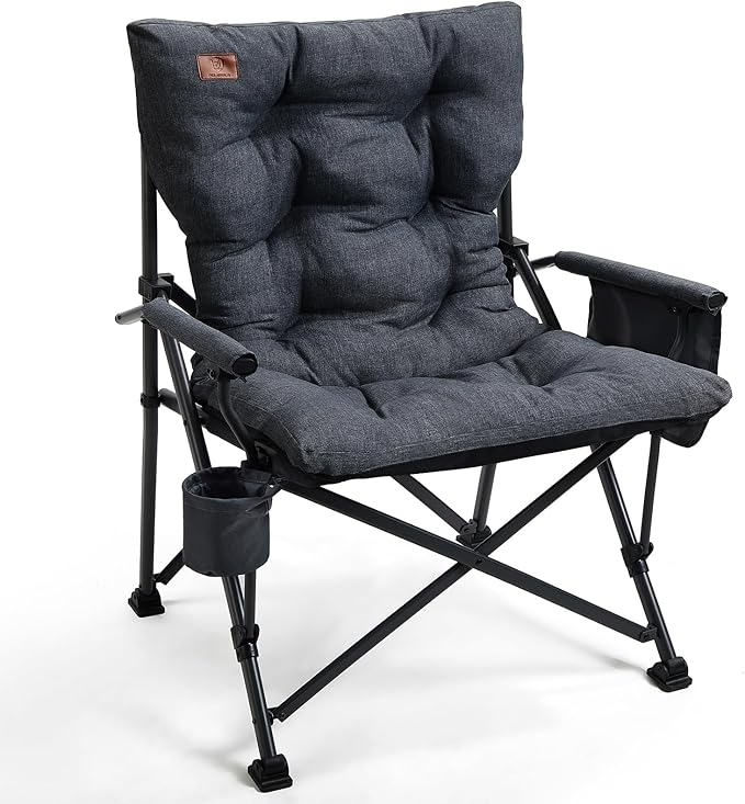 EVER ADVANCED Padded Oversized Folding Camping Chair for Adults Heavy Duty Lawn Chair with Side Pockets Portable Collapsible Quad Chair for Outside Support Up to 500lbs Black