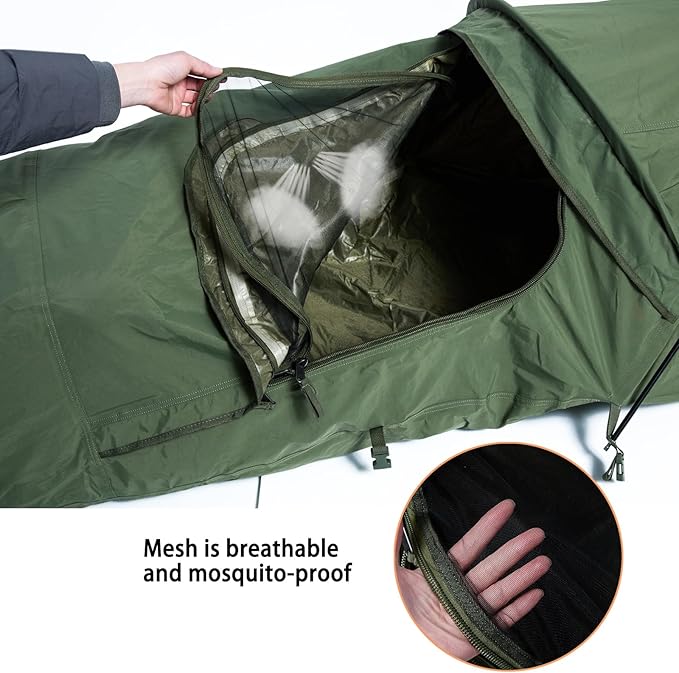 MT Military Hideaway Bivy Cover Stealth Compact Single-Pole Hooped Tent for Modular Sleeping Bags with Mosquito Bug Net MeshWaterproof Breathable Outer Shell Minimalist Shelter